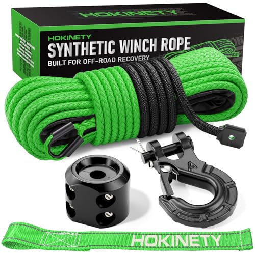 HOKINETY Synthetic Winch Rope Kit - 1/4 x 50' 10000 lbs Kinetic Recovery Cable for ATV UTV Off-Road Vehicles with Forged Hook, Rubber Stopper, Protective Sleeve and Safety Pull Strap - Green