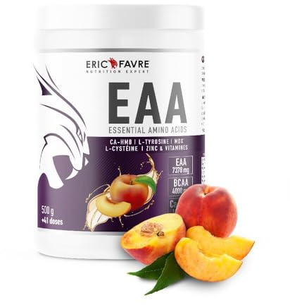 EAA ESSENTIAL AMINO ACIDS - Acides Aminés Essentiels avec CA-HMB, L-Tyrosine, L-Cystéine, Zinc & Vitamines - Formule Énergisante et Réduction de la Fatigue - 500g - Saveur Pêche - Eric Favre