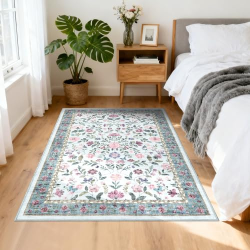 CAROMIO Washable Flower Area Rug 80x150 cm Low Pile Non-Slip Nursery Blue