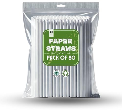AKH® Paper Drinking Straws | Pack of 80 | Eco Friendly Compostable Straws for Parties & Cocktails | Bulk Pack Recyclable Disposable Straws | Food Safe & Multi Layered | White