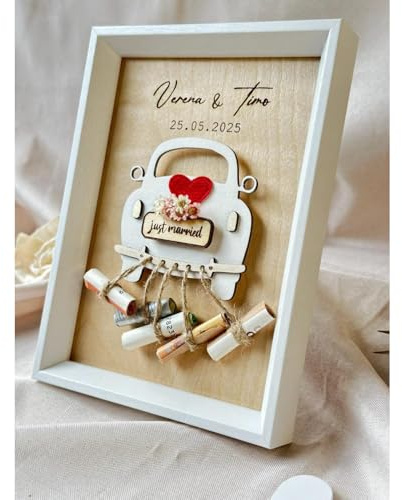 Bykiyevm Personalisiertes Hochzeitsgeschenk, Auto-Geld-Fotorahmen, gravierte Namen, Hochzeitskarten-Geldhalter, Just Married-Geldgeschenk für Braut und Bräutigam, Grußkarten