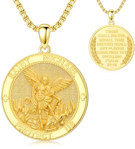 Taioiat 14K Gold St Michael Pendant for Men Saint Archangel Michael Necklace Gold Medal San Miguel Arcangel Medalla Amulet Religious Jewelry