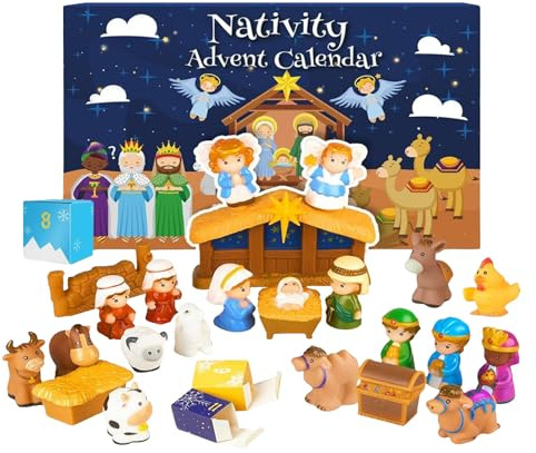 Adventskalender Krippe 2025 für Kinder, 24-tägige Krippenfiguren Weihnachts-Countdown, Weihnachtskrippe Adventskalender, für ab 1 2 3 4 5 Jahren, Krippenfiguren Set