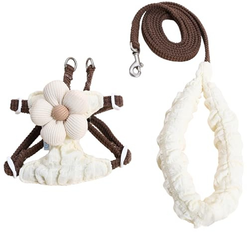 Duuclume Katzengeschirr und Leine, Set mit Blumenmuster, H-Stil, niedlich, verstellbar, weich, ausbruchsicher, für Spaziergänge, kleine Hunde und Katzen, Beige und Braun