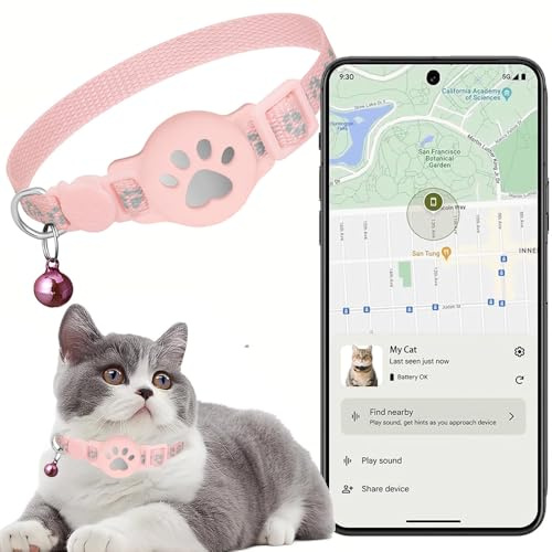 Collar GPS Gatos, GPS para Gatos sin Cuota Mensual, No Requiere SIM (Solo Android), Collar Localizador Compatible con goo- gle Find My (Collar + rastreador Rosa)