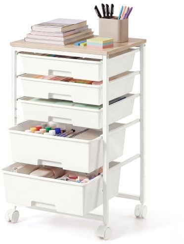 VASAGLE Rolling Storage Trolley with 5 Plastic Drawers, Mobile Organizer Cart with Wooden Top, 39.5 x 28.5 x 63 cm, for Office, Craft Room, White, BENCO Collection LRC005W101