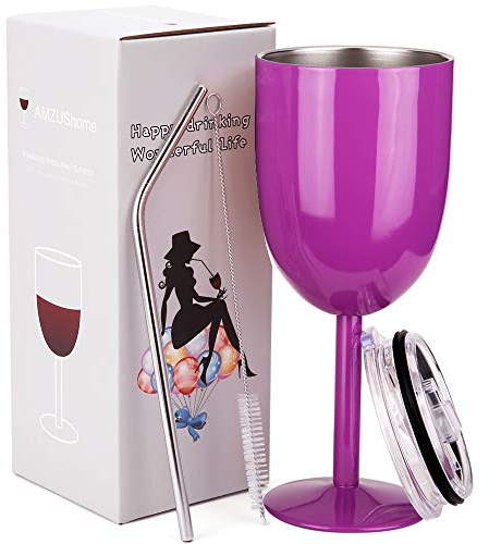 AMZUShome Stainless Steel Wine Glasses Cups.Double Walled Vacuum Insulated Wine Tumbler With Lid and Straw.Friendship,Christmas,Birthday Gifts for Women Men Friends Dad Mom(10oz Purple)