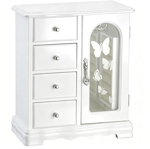 RR ROUND RICH DESIGN Jewelry Box - Made of Solid Wood with 4 Drawers Organizer and Built-in Necklace Carousel and Large Mirror White