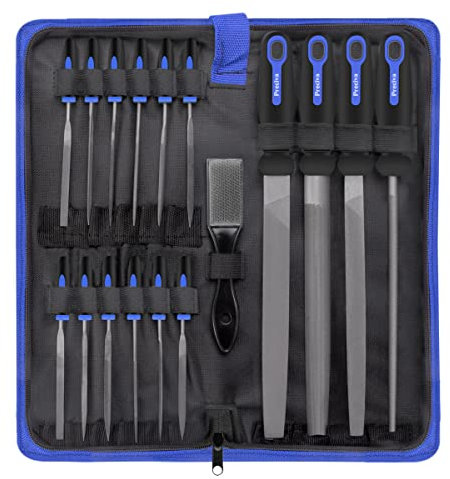 Preciva 16-in-1 Wood Rasp File Set, 4 x 200mm Flat, Half-Round, Round, Triangle Files & 12 x Needle File-Set for Wood, Metal, Leather, etc. (16Pcs)