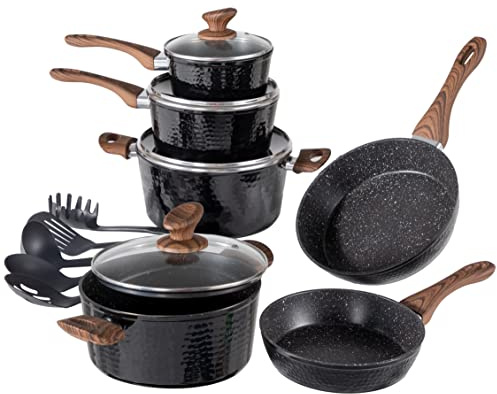 Induction Kitchen Cookware Sets Nonstick - Granite Hammered Pan Set 15 Piece, Dishwasher Safe Cooking Pots and Pans Set