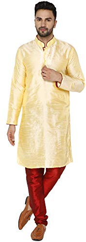 SKAVIJ Herren Tunika Kurta Pajama Set Indisch Party Tragen Outfit (Beige, S)