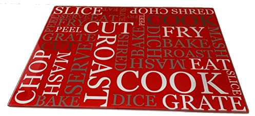 Acense Tempered Glass Worktop Saver, Toughened Glass, Smooth Edges, Rounded Corners, Chopping Board, Non-Slip Rubber Feet, Multi-Purpose, Stain-Resistant 40 x 30 cm (Red with White Writing)