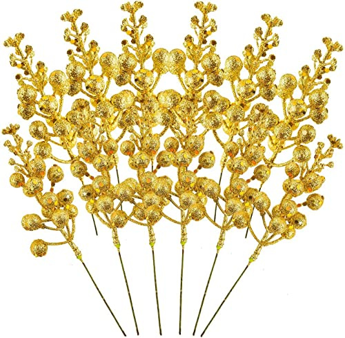 LATERN 14 Piezas Tallos De Bayas De Brillo Navideño, 19CM Palillos De Navidad Artificiales Simulación Bayas De Acebo Rama De Pino para Adornos De árbol De Navidad, Guirnalda De Navidad DIY (Oro)
