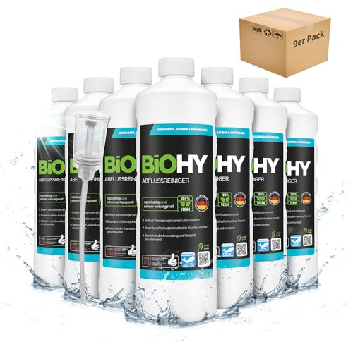 BiOHY Abflussreiniger (9 x 1 Liter) + Dosierer | mit spezieller Haarweg-Formel | Bio Konzentrat für Küche & Bad | entfernt selbst hartnäckigste Verstopfungen | ohne ätzende Dämpfe & Gerüche