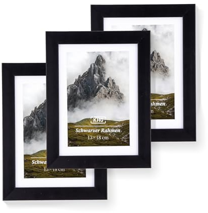 KHG Premium-Bilderrahmen 3er-Set 13x18 cm schwarz, vielseitig einsetzbar | stabile Glasfront, hochwertiges Passepartout & MDF-Holzrahmen für Fotos, Poster, Zertifikate & Collagen, für Zuhause