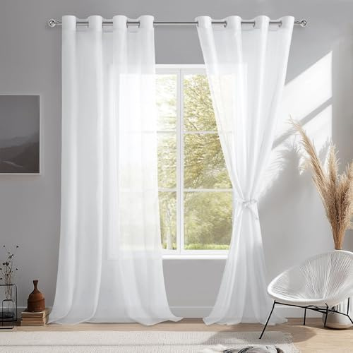DWCN Vorhänge Weiß Voile mit Ösen Gardine Sheer Voile Transparente Vorhang | 260x140cm(HxB), Ösenvorhang Transparent Tül Perde Durchsichtig Leicht Gardinen für Wohnzimmer,Schlafzimmer 2er Set
