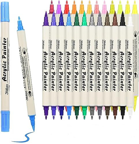 GENORTH Acrylstifte für Steine, 24 Dual Tip Acrylic Marker Farbe Acrylstifte Acrylmarker Steine Bemalen Stifte mit Metallfarbe, Bemalen von Steinen, Ostern, Halloween, Christbaumkugeln Deko