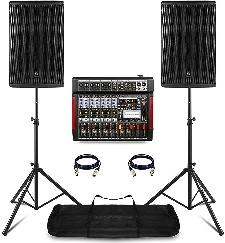 Power Dynamics PD412A Complete PA System - 2800W Active Sound System with 8-Channel Mixer, Bluetooth, DSP, USB Interface & Speaker Stands for Live Bands, Church & Events