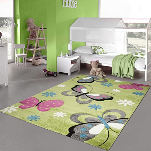 Teppich-Traum Farbenfroher Schmetterlings-Teppich für Kinderzimmer ▸ strapazierfähig ▸ grün, 120x170 cm