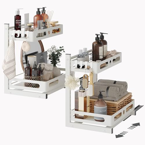 NETEL 2-er Pack Spülschrank Organizer Aufbewahrung, 2 Etagen Unter Waschbecken Regal, Küchen Spülschrankregal, Ausziehbares Küchenregal, Mehrzweck-Organizer für Küche/Bad, Weiß