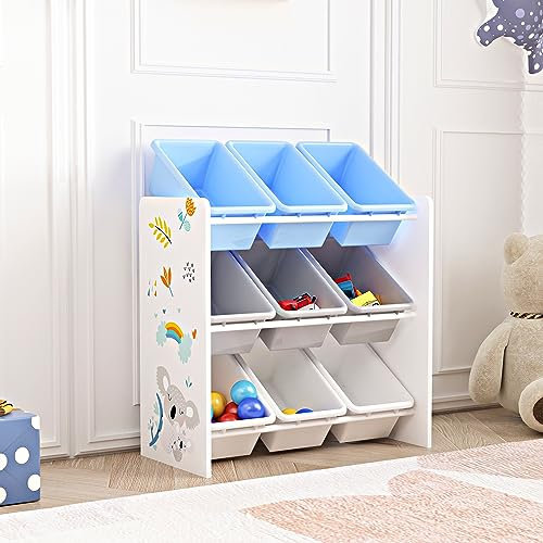 [en.casa] Kinderregal Muxía mit 9 Aufbewahrungsboxen Spielzeugregal mit Koala-Motiv Spielregal Weiß Grau Blau Kinderzimmer Organizer