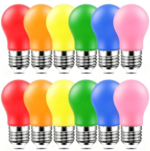 GVOREE 12er Pack Farbig Leuchtmittel E27 2W LED Beleuchtung Glühbirne,Gemischte Farben Rosa,Orange,Rot,Gelb,Blau,Grün für Party,Lichterkette,Deko Weihnachten