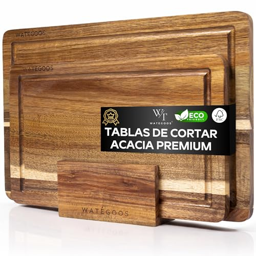 WATEGOOS Pack 2 Tablas de Cortar Cocina de Madera Acacia + Soporte - Tabla de Cortar Grande y Pequeña para Presentación de Quesos - Madera Ecológica, Resistente y Antibacteriana.