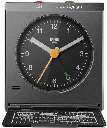 Braun Classic Analogue Travel Alarm Clock with Snooze and Light, Iconic Design, Compact Size, Folding Lid with World Time Zone Map, Quiet Quartz Movement, Crescendo Beep Alarm in Black, model BC05B