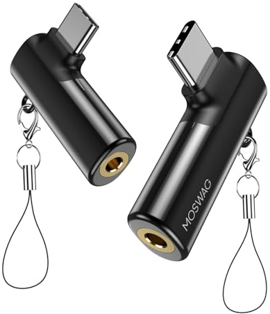 MOSWAG Adaptador USB-C a 3.5mm Audio 90° Nylon | Conector en ángulo recto, compatible con Samsung Galaxy, Huawei P60/50 y más - sonido claro, no admite carga