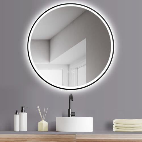 HOKO® Miroir de Salle de Bain Design Anti-buée Rond 80 cm avec Cadre en métal Noir Mat Miroir Mural Rond Lumineux LED + Interrupteur Tactile + Changement de lumière LED