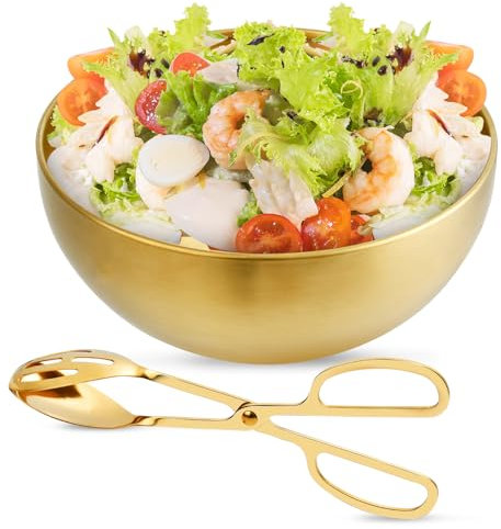 Supkiir Stainless Steel Salad Bowls with Gold Salad Tong, 9.8”×4.5” 51oz Gold Kitchen Mixing Bowl, Large Serving Bowl Nesting Bowls for Mixing Cooking Baking Prepping Salad Soup Fruit