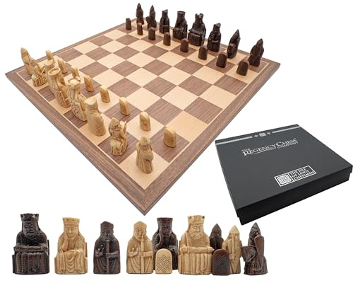 Ensemble d'échecs de luxe de l'île de Lewis – Lesté et feutré – Planche de placage noyer et érable avec protections en caoutchouc – Comprend des règles, un dépliant de l'île de Lewis et un chiffon de
