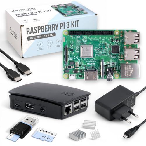 db-tronic Raspberry Pi 3 B 1GB Starter Set | 64GB Edition | Netzteil | Gehäuse | Kühlkörper | HDMI Kabel | USB-Kartenleser | Ideal für Smart Home, Retro Gaming & DIY Projekte