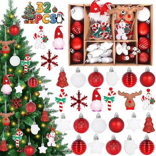 Vautvis Juego De Bolas De Navidad, 32 Piezas, Gnomo Navidad, Adornos Árbol Navidad, Bolas De Plástico Blancas Y Rojas para Decoración Casa