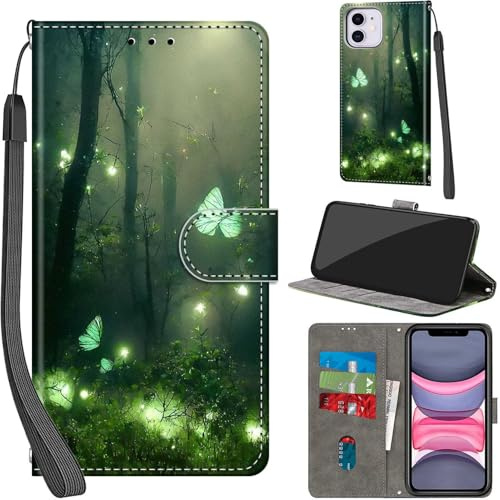 Haninsuze Handyhülle für iPhone 11 Hülle, Waldschmetterling | PU Leder, Klappbar, Kartenfächer, Ständer, Kameraschutz, Brieftasche, Magnet, Stoßfeste, Muster Motiv