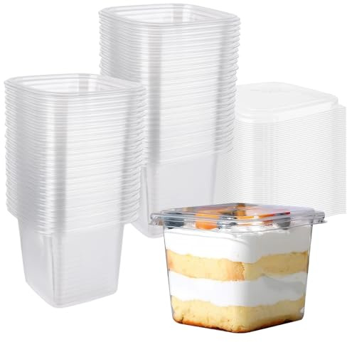 MEIDIV 100PCS Plastic Dessert Cups with Lids, 360ml Cheesecake Pots Square, Clear Cake Tubs Parfait Cup, Plastic Dessert Bowls, Plastic Cups with Lids for Cupcakes Pudding Mousse Ice Cream