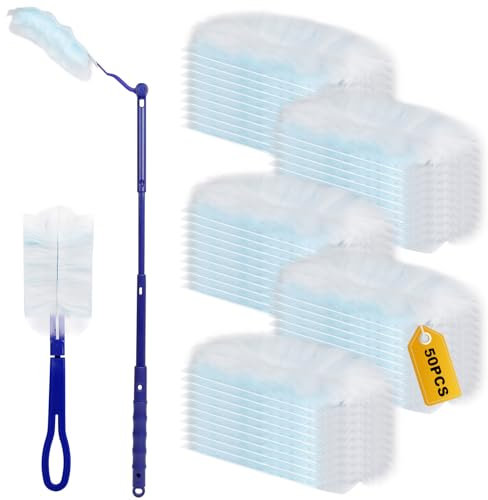 AiQInu 52 Pezzi Piumini Cattura Polvere, 50 Pezzi Ricariche per Spolverino con 1 a manico lungo e 1 a manico corto, Fibra Superfine Spolverino, per Polvere per la Pulizia, per Scuola, Ufficio, Casa