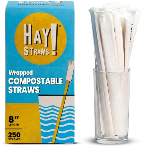 HAY! Straws® | Wrapped Jumbo Slim 8 Straws | 250 or 1500 Count | 5-6.5mm Diameter | 100% Plant-Based Reed Stem | Compostable, Disposable, Plastic-Free Drinking Straws (250)