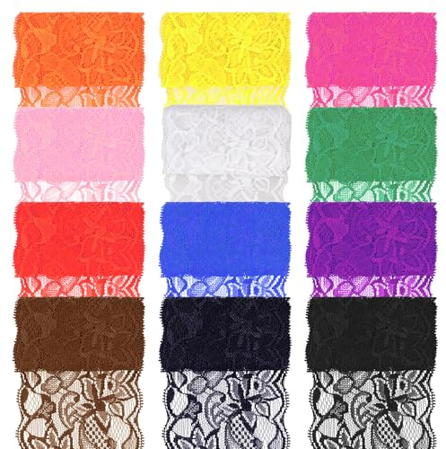 Swpeet 12 Rollen 1 Yard von 3.15 Breite gemischte Farben Spitze Stoff Stretch Elastic, elastische Nähen Trim Spitze Band für Kleid, Stirnbänder, Hochzeit Bouquet