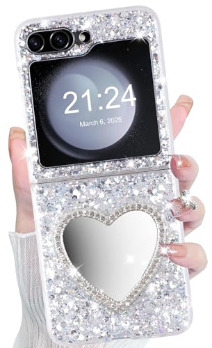 WATACHE Galaxy Z Flip 6 Case Glitter Love Paw Mirror Flip Protective Cover for Samsung Galaxy Z Flip 6 2024 5G for Women Girl - Silver