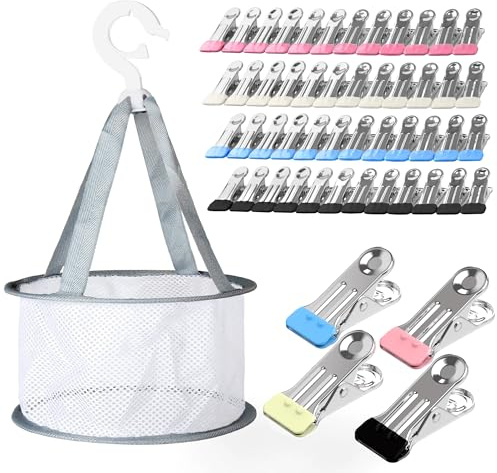 Juego de 48 pinzas de acero inoxidable con cesta, revestimiento de plástico, resistentes al viento, sin impresión, para tendederos, toallas, ropa y calcetines