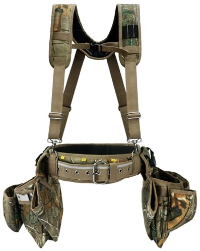 KUNN Professional Tool Belt with Suspenders for Men, Heavy Duty Framing Tool Belts with Detachable Padded Suspenders & Multi-Pocket Pouch for Carpenters, Construction, Electricians, Roofing,Camo