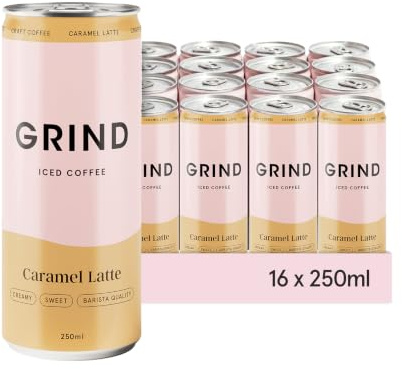 Grind Caramel Iced Coffee Cans – 16x 250 ml – Ready To Drink – Double Shot with 100% Arabica Coffee – Low Calorie with Natural Flavourings – Shake Before Use
