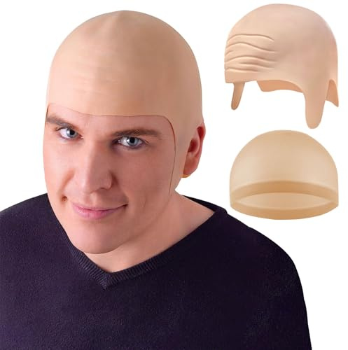 Makoto Nobu 2 Stücke Latex Glatze kahle Kappe, Herren Glatze Perücke mit Haarnetz, Kostüm Zubehör für Halloween Fancy Dress Cosplay
