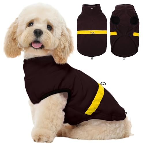 Kuoser Fleece Hundepullover, Verstellbarer Warmer Hundemantel mit Kordelzug, Weiche Hundeweste mit Geschirröffnung für Kleine Hunde Winterjacke, Braun S