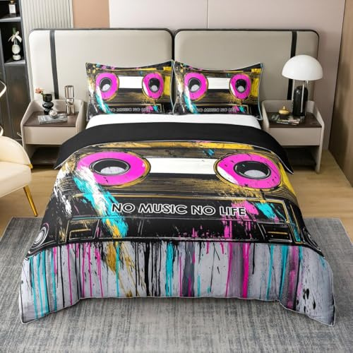 Feelyou Music Duvet Cover 100% Cotton Twin Size Cassette Tape Music Bedding Set for Boys Girls Retro Trendy Comforter Cover Bedroom Decor 2Pcs Zipper Closure with 1 Pillowcase