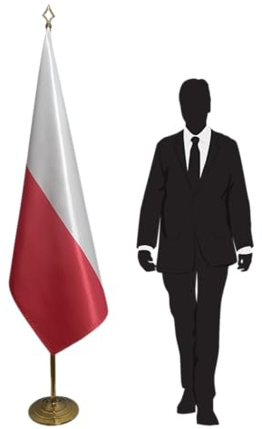 Bandera protocolaria Polonia con mástil y pie de acero inoxidable – para representaciones diplomáticas, embajadas, ministerios, universidades. Pie Ø 315 mm, acero inoxidable acabado dorado, hampa