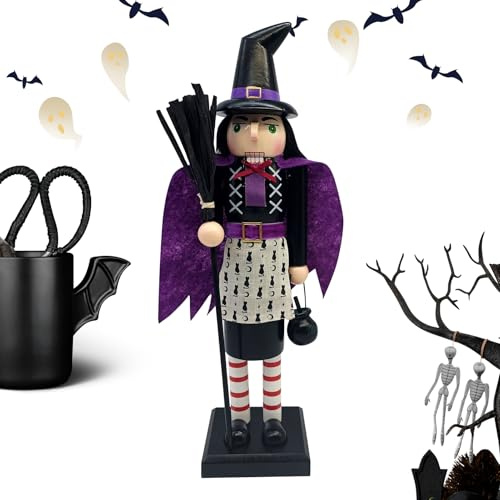 Halloween Nutcracker Wood 14 Inch - Witch Black Cat Figurine, Seasonal Holiday Decoration | Spooky Table Ornament For Bedroom Desk Living Room Nightstand Bookshelf Display Adults Teens Study