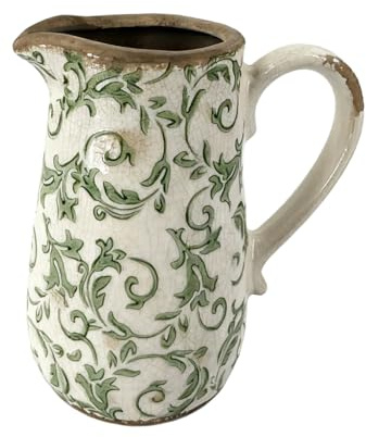 Ceramic Flower Vase Distressed Effect Glaze Pitcher Jug (Green, Small) | Distressed Effect, Watertight, Flower Vase