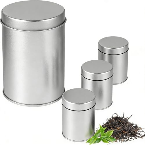 Gadpiparty 4 Stück Vorratsdosen Set aus Weißblech mit Deckel | Runde luftdichte Metalldosen in Silber für Tee, Kaffee, Bohnen, Süßigkeiten und Küchenaufbewahrung, 7,5 × 11 cm
